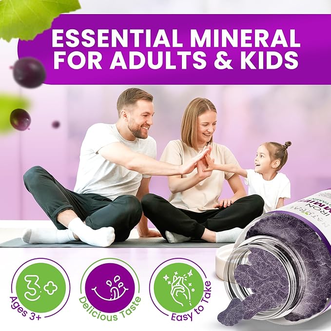 Iron Gummies with Vitamin C - Chewable Iron Supplement for Adults & Kids, Iron Deficiency Anemia, Red Blood Cell Support, Energy, Immune Function, Brain Health, Max Absorption, 60 Vegan Gummies