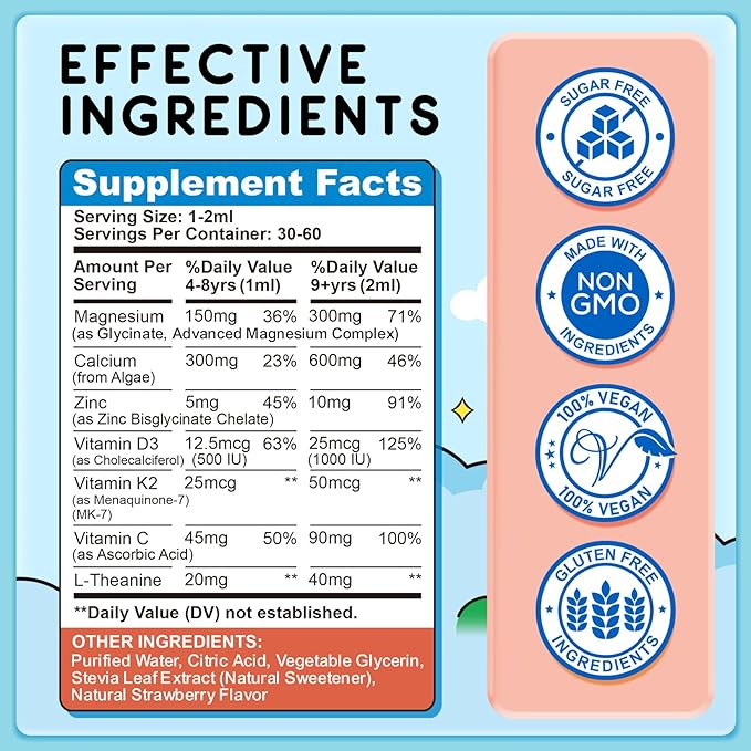 Magnesium Glycinate Liquid for Kids, Kids Magnesium Drops with L-Theanine, Calcium, Zinc, Vitamin D3 K2 for Sleep, Calm, Mood, Relaxation, Focus, Brain, Bones, Strawberry Flavor 2 Fl Oz