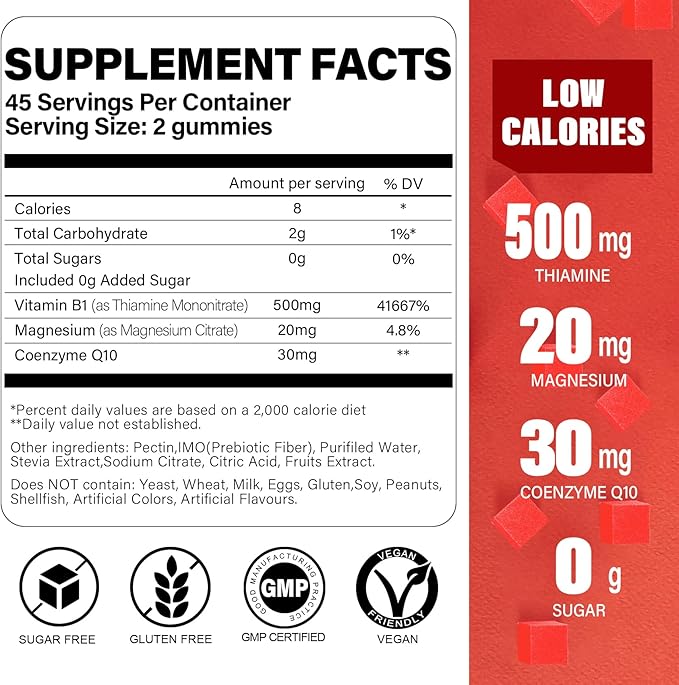 Sugar Free Vitamin B1 Gummies 500mg- Thiamine B1 Supplement for Adults & Kids- Natural Mixed Berries Flavor, Vegan, 90 chewable Gummies