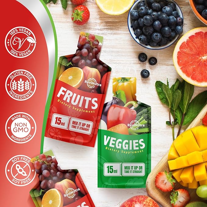 Fruit and Veggies Supplement - 30 Pouches Superfoods & Super Greens for Adults & Kids - Liquid Fruits and Vegetables with Vitamins & Minerals - Support Energy, Detox, Immunity, Digestion & Metabolism