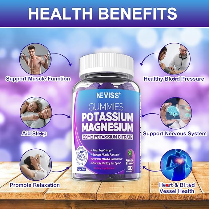 Potassium Magnesium Gummies - (Made in USA)-Potassium Supplement w/Ashwagandha 200mg, Magnesium Glycinate,B6,B12,P-otassium Citrate for Leg Cramps,Muscle,Electroyte for Adults Kids,Sugar-Free,1Pack
