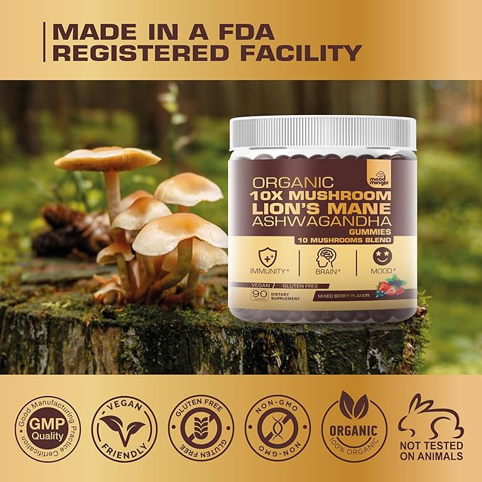 Organic 10X Lion’s Mane Mushroom Gummies for Kids Adults (4350mg) - Gluten Free Daily Supplement Complex Blend with Reishi Turkey Tail Shiitake