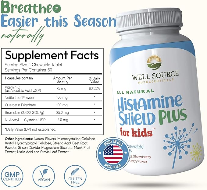 Histamine Shield Plus for Kids™ Natural Antihistamine Supplement, Sinus & Allergy Relief for Pollen, Pet Dander, Dust, Mold, and Odors, 60 Strawberry Fruit Punch Chewable Tablets