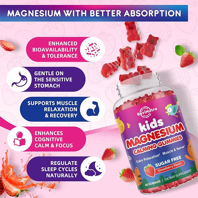 2 Pack Magnesium Gummies for Kids - Magnesium Glycinate, L-Threonate Gummies with L-Theanine, Chamomile, Licorice, Vitamin B6, D for Kids & Adults Sleep, Muscle Relief & Nerve Bone - Strawberry 120ct