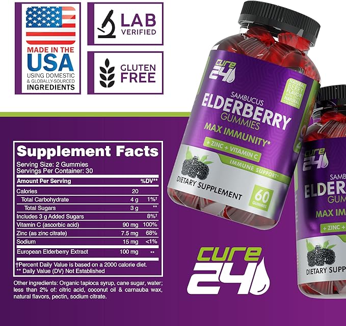 Sambucus Elderberry Gummies + Vitamin C + Zinc for Kids & Adults, X3 Immune Support, Natural Flavors + Ingredients, Vegan, Non-GMO, Made in USA (60)