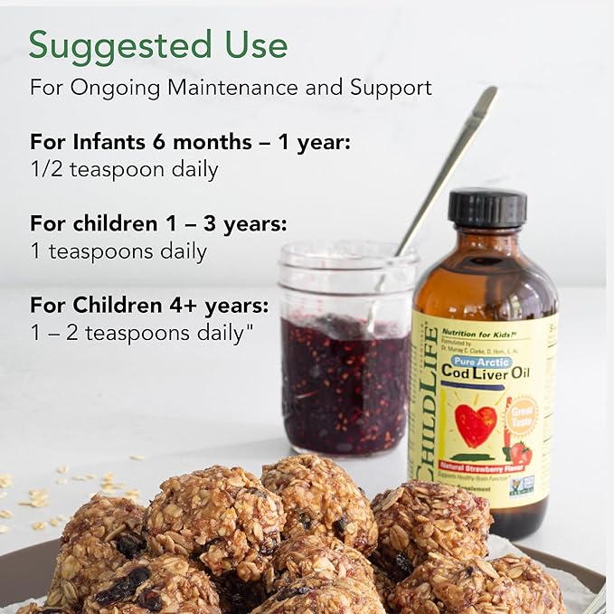 CHILDLIFE Essentials Cod Liver Oil for Kids - Kids Cod Liver Oil Liquid, Arctic Cod Liver Oil for Babies 6+ Months, Toddlers, & Kids, Added DHA, EPA, Omega-3 Fatty Acids - Strawberry, 8 fl oz
