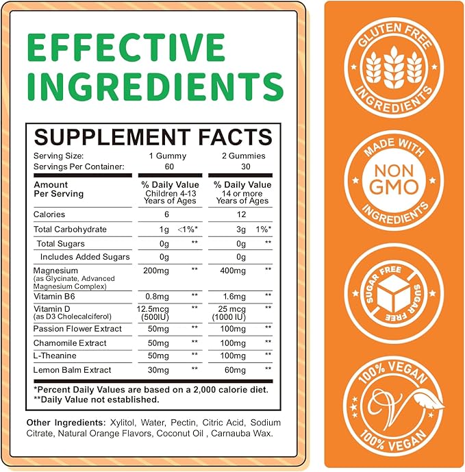 Magnesium Gummies for Kids - Magnesium Glycinate Gummies Supplement with L-Theanine, Vitamin B6, D3 for Adults & Kids, Calm Magnesium for Sleep, Relaxation, Brain, Bones, Sugar Free Orange 60ct