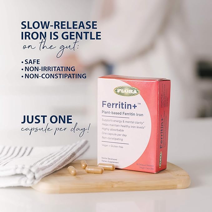 Flora Ferritin+ Delayed-Release Iron Supplement - Plant-Based Iron Supplement - Blood Cell & Energy Support - Vegan & Gluten-Free - 30 Vegan Capsules