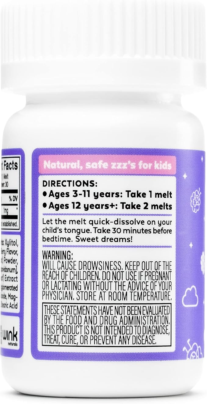 Wink Well Kids Melatonin Chewable Melts- Baby Sleep Aid Chews with Melatonin 1mg- Quick Deep Toddler Sleep Aid, Drug-Free-Fast, Non-Habit-Forming Kids Melatonin Dissolve Tablets- 30 Melts
