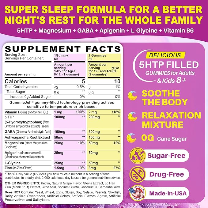 5HTP Gummies for Adults & Kids 8+, Melatonin Free Gummies with Magnesium Glycinate, GABA, L-Glycine, Ashwagandha, Vitamin B6 for Delicious Zzzs, Brain & Muscle Relaxation, 0 Sugar 60 Count (Pack of 1)