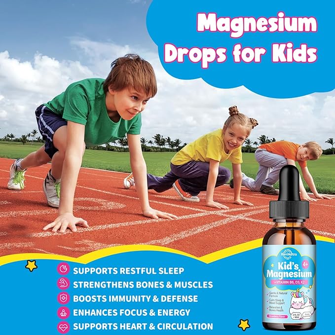 Kids Magnesium Glycinate Liquid Drops with Omega-3, Ashwagandha, Vitamin B6, D3, K2, Calcium & Chamomile - Magnesium Drops for Kids Sleep, Calm, Focus, Brain & Mood - Strawberry Flavor