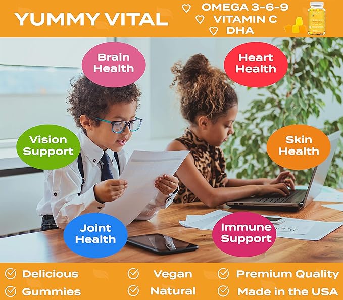 Kids Nootropic Digestive Gummies with Organic Probiotics, Prebiotic and Plant Based Omega 3,6,9 DHA