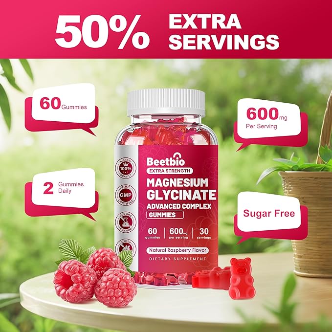 Magnesium Glycinate Gummies 600mg, Chewable Magnesium Glycinate Supplement for Kids & Adults, Magnesium Gummies for Sleep, Muscle & Bone, Sugar Free, Vegan, Raspberry Flavor (60Count)