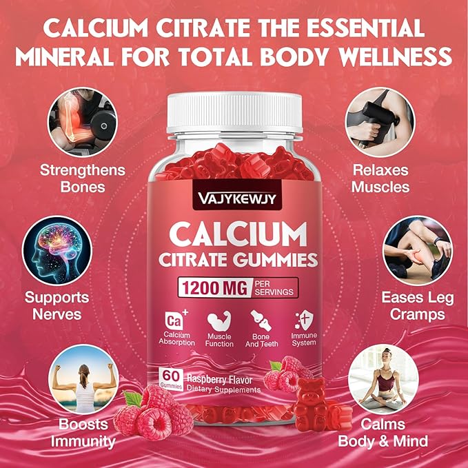 Calcium Citrate Gummies 1200mg for Adults & Kids - Bone & Teeth Support, Easy Absorption, Delicious Raspberry Flavor - Non-GMO, Gluten Free, Vegan - 60 Count