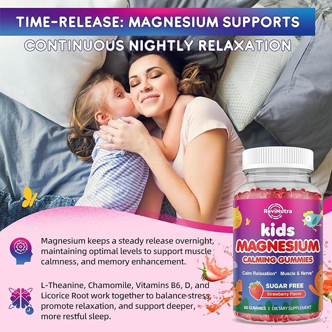2 Pack Magnesium Gummies for Kids - Magnesium Glycinate, L-Threonate Gummies with L-Theanine, Chamomile, Licorice, Vitamin B6, D for Kids & Adults Sleep, Muscle Relief & Nerve Bone - Strawberry 120ct