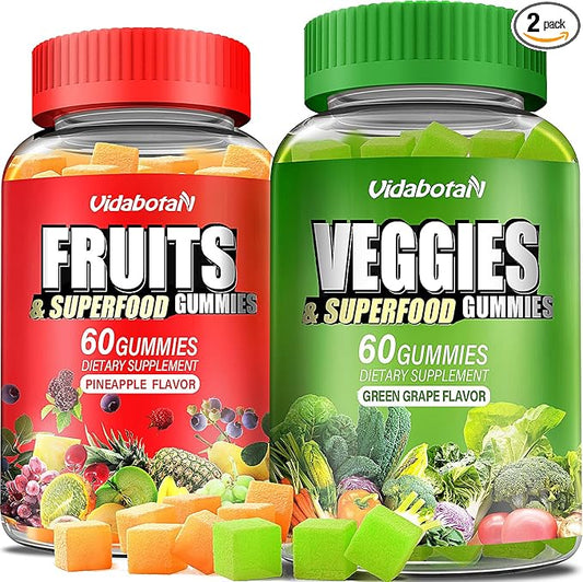 Super Fruits and Veggies Supplement - Super Fruits and Vegetables Gummies for Women,Men and Kids, Sugar Free Vegan Gummies for Nature Energy Balance, 60 Count(Pack of 2)
