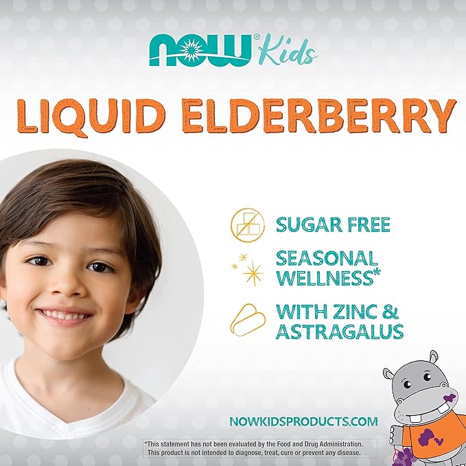 NOW Supplements, Liquid Elderberry for Kids with Zinc and Astragalus, Immune Support*, 8-Ounce, packaging may vary