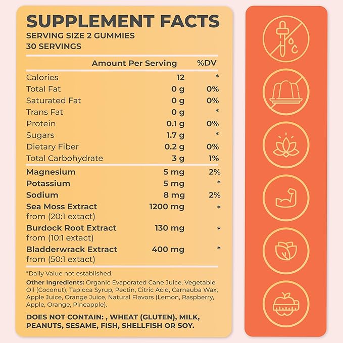 Sea Moss Gummies with Bladderwrack, Burdock Root & Magnesium – Vegan Supplement for Adults & Kids – Plant-Based, Fruity Flavor – 60 Gummies, Made in USA