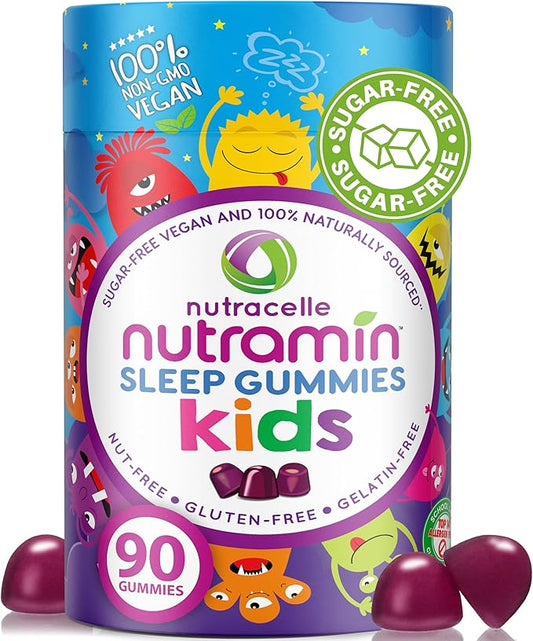 NUTRAMIN Kids Sleep Gummy - Sugar-Free & Vegan - 100% Natural Sleeping Aid with Melatonin Sleep Gummies for Kids - Hypoallergenic, Halal, Kosher, Non GMO - Dark Cherry - 90 Count