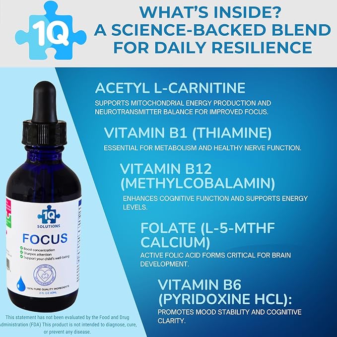 Focus Kids Enhances Clarity Liquid Drops | Acetyl L-Carnitine, Vitamin B1,B6,B12 & Folate | Sugar-Free, Vegan, Gluten-Free, Non-GMO | Cognitive & Attention Support | Advance Absorption | 2 Fl Oz