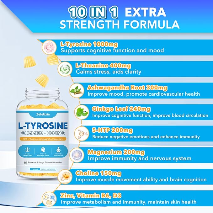 10 in 1 L Tyrosine Gummies, L-Tyrosine Supplement Gummies, L-Theanine with Vitamin B6 D3, Tyrosine Supplement Support Brain, Memory, Energy, Mood for Adult & Kids, Pineapple & Mango Flavor, 60 Ct