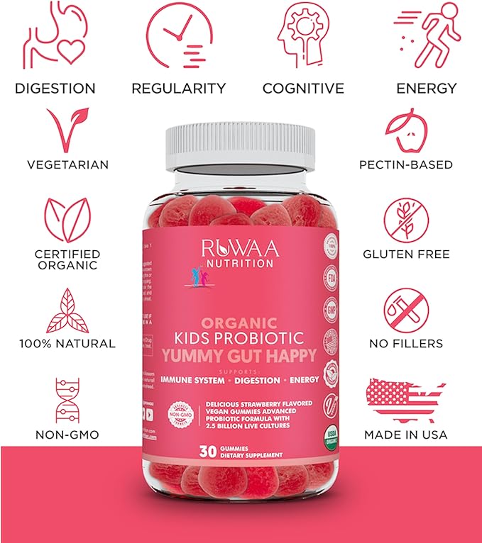 Kids Organic Probiotic Gummies for Digestive Health, Immune Support, Constipation, Bloating. 2.5 Billion CFU, Strawberry Flavor, Chewable Probiotics for Children Ages 4+, 30ct (1)
