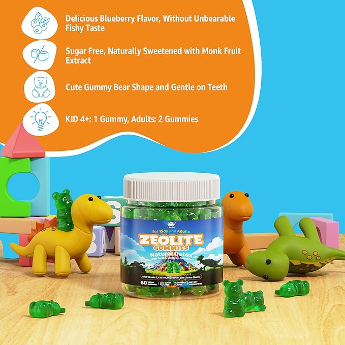 Zeolite Detox for Kids & Adults, Zeolite Gummies w/ Chlorella, Spirulina, Minerals, Choline, Natural Detox Cleanse for Immune, Focus, Energy, Gut Health, Sugar Free, Ages 4+, Gluten Free, 60cts