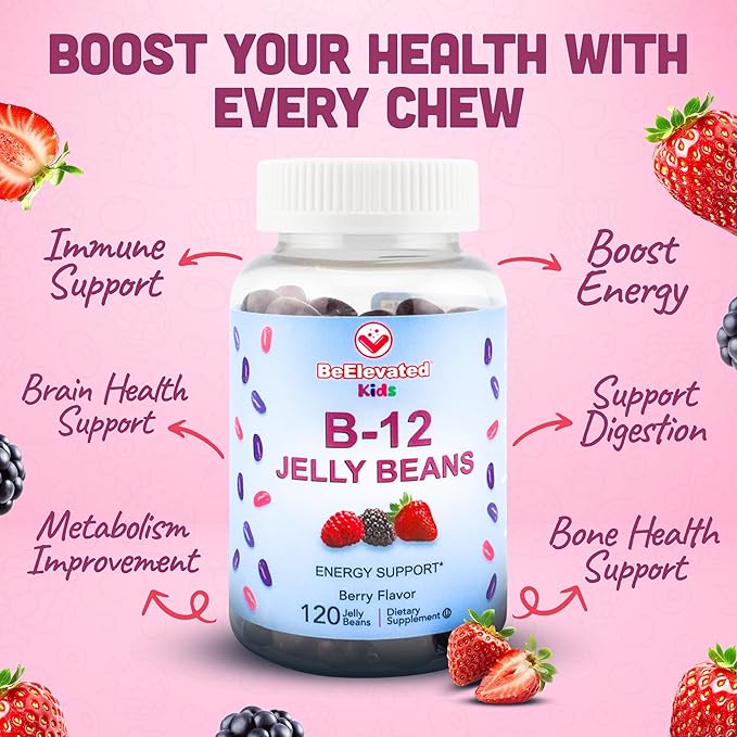 B12 Jelly Beans - Chewable Vitamins Gummies for Kids - Children's Vitamin Supplements - Vegan Energy B12 Gummy Supplement - 120 Berry Beans