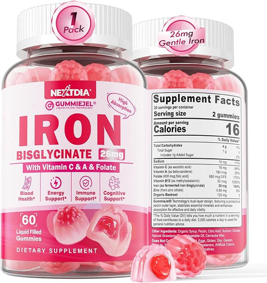 Vegan Iron + Beet Root Gummies, Iron Supplement for Women 26mg, w/Vitamin C Folate B12 Zinc, for Iron Deficiency, Energy Boost, Non-Constipating, No After Taste & Strawberry Flavor, Sugar-Free 60Cts