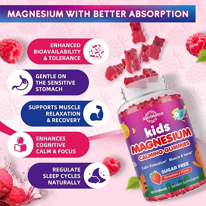 Kids Magnesium Gummies, Magnesium Glycinate Gummies for Kids & Adults with L-Theanine, Chamomile, Licorice, Vitamin D, B6 for Sleep, Relaxation, Brain & Muscle, Sugar Free Raspberry 60ct