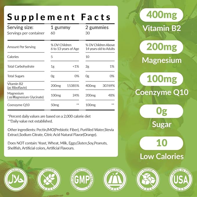 Sugar Free Vitamin B2 Gummies- Riboflavin 400mg 200mg with Magnesium, CoQ10 for Adults & Kids, Vegan, 60 Count