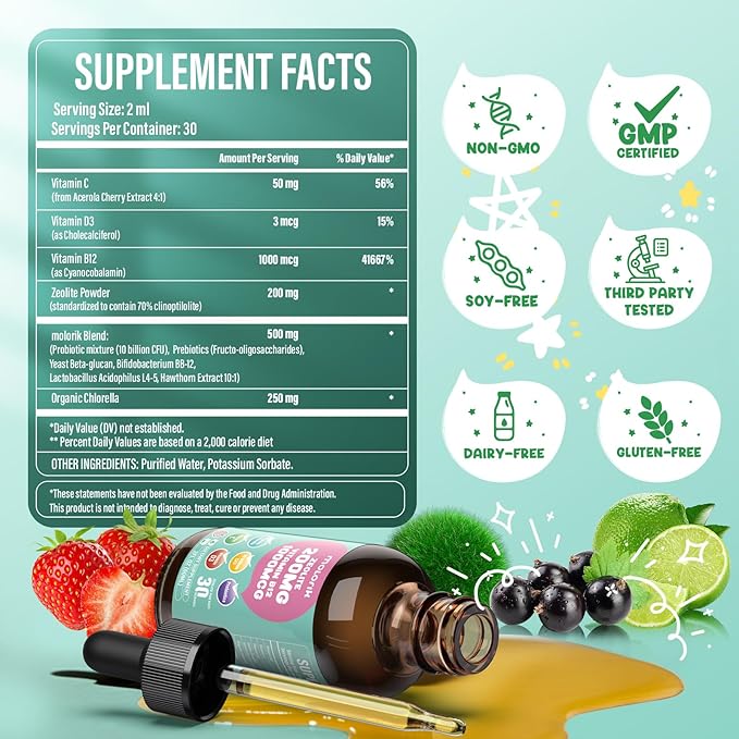 Zeolite Drops for Kids and Adults, 200mg Zeolite Liquid Drops with 1000mcg Vitamin B12, Organic Chlorella, 10 billion CFU & Prebiotics for Gut Support & Speech, Immune, Bone, Energy*, Strawberry, 60ML