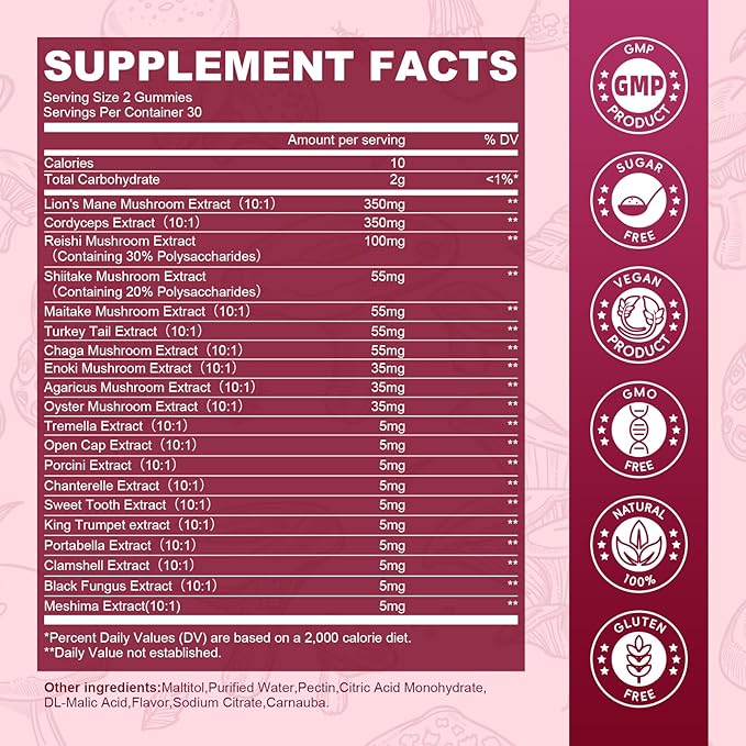 (2 Pack Mushroom Complex Gummies with Lions Mane, 20-in-1 Comprehensive Mushroom Supplement for Brain Health, Focus & Clarity, Vegan, Non-GMO, Raspberry Flavor, 120 Gummies
