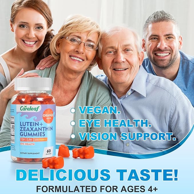 Vegan Lutein Gummies 12mg with Zeaxanthin and Vitamin A for Kids and Adults for Eye Health and Brain Function Supplement Orange Flavor