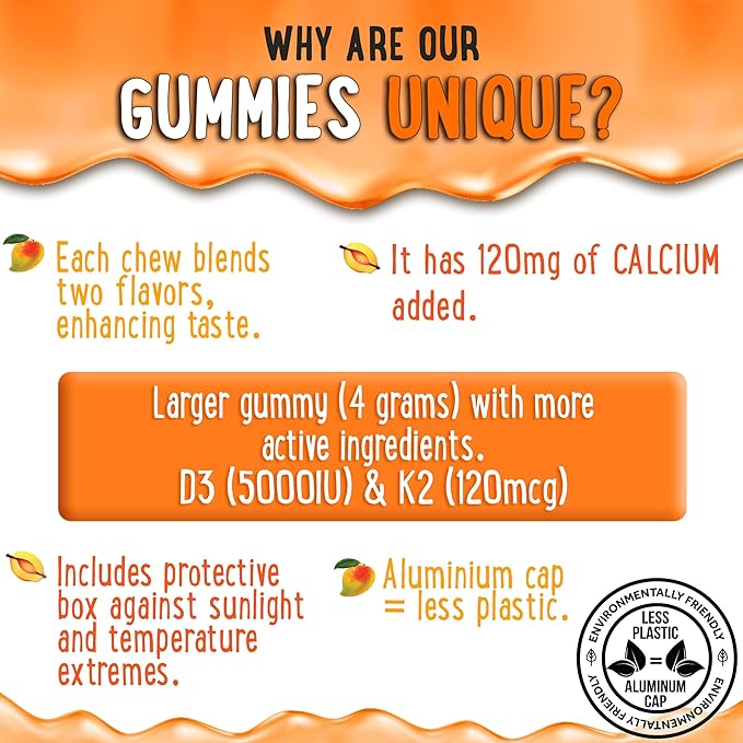 Center-Filled Vitamin D3 K2 Gummies - Kids, Teens & Adults - Supplement for Healthy Teeth, Bone, Energy & Immunity - 5000 IU D3, 120 mcg K2(MK-7), 120 mg Calcium - Vegan & Non-GMO - 120 Count