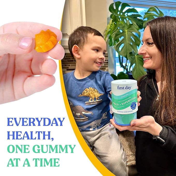 FIRST DAY Toddler Multivitamins Gummies for Kids & Toddlers Ages 2-3, Delicious Strawberry & Orange Toddler Vitamins Multivitamin with Choline, Vitamins A C D3 B1 B2 B6 B12 K2 Folate - 30 Day Supply