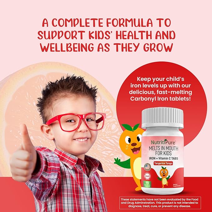 Kids Chewable Iron Supplement, Ferronyl® Carbonyl Iron 9 mg, Vitamin C 30 mg, Tangerine Tango Orange Flavor, 90 Count