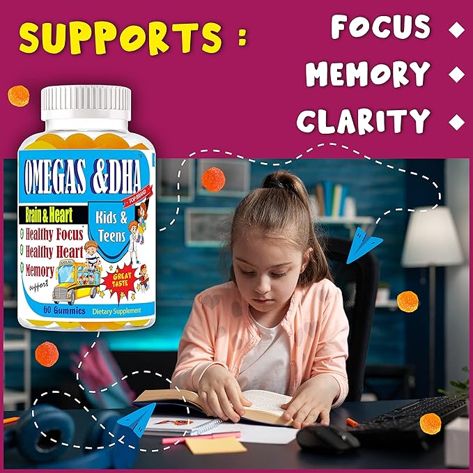 Omega Gummies Brain Supplements for Memory and Focus Support Brain Health Omega 3 EPA DHA for Kids and Teens Brain Memory and Cognitive Support 60 ct