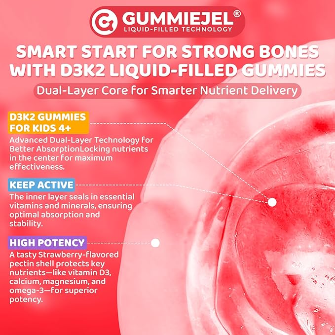 Kids Vitamin D3 K2 Filled Gummies 1000IU/2000IU D3 + K2(MK-7) with Calcium, Magnesium & Algal Omega 3(EPA/DHA) for Bones, Teeth, Muscles, Brain, Kids 4+ Vitamins (Low Dose Perfect For Adults), 60 Cts
