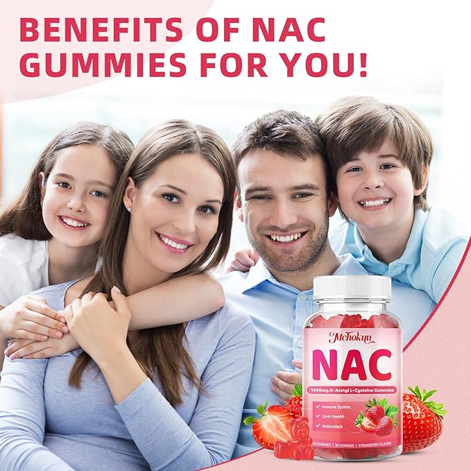 NAC Gummies for Adults & Kids 1000mg, NAC Supplement N-Acetyl Cysteine, Immune Support Liver & Lung Health Antioxidant Sugar-Free, Strawberry Flavor Gummy, 60 Counts