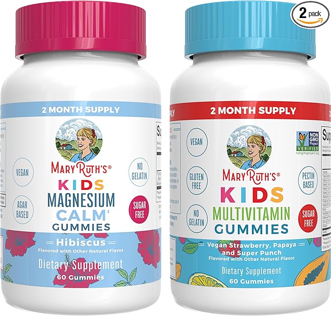 MaryRuth Organics Multivitamin (Strawberry) and Magnesium Calm Gummies (Hibiscus) for Kids | Clean Label Project Verified® | Vitamins for Overall Wellness and Sleep| Vegan, Non-GMO, Gluten Free