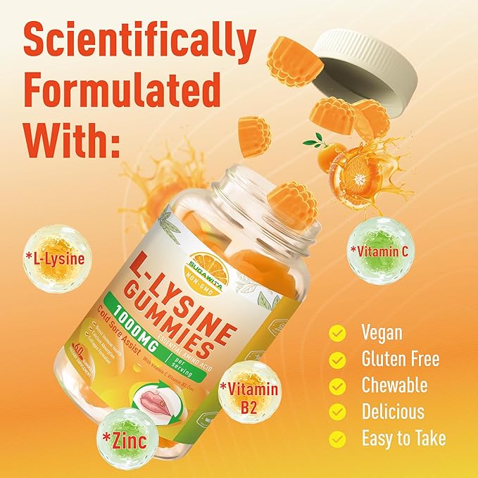 2 Packs Lysine Gummies 1000 mg, Cold Sore Treatment with Immune Support for Lips & Oral, Chewable L- Lysine Supplement for Adults & Kids, Boost Immune & Collagen, Gluten Free - 120 Counts