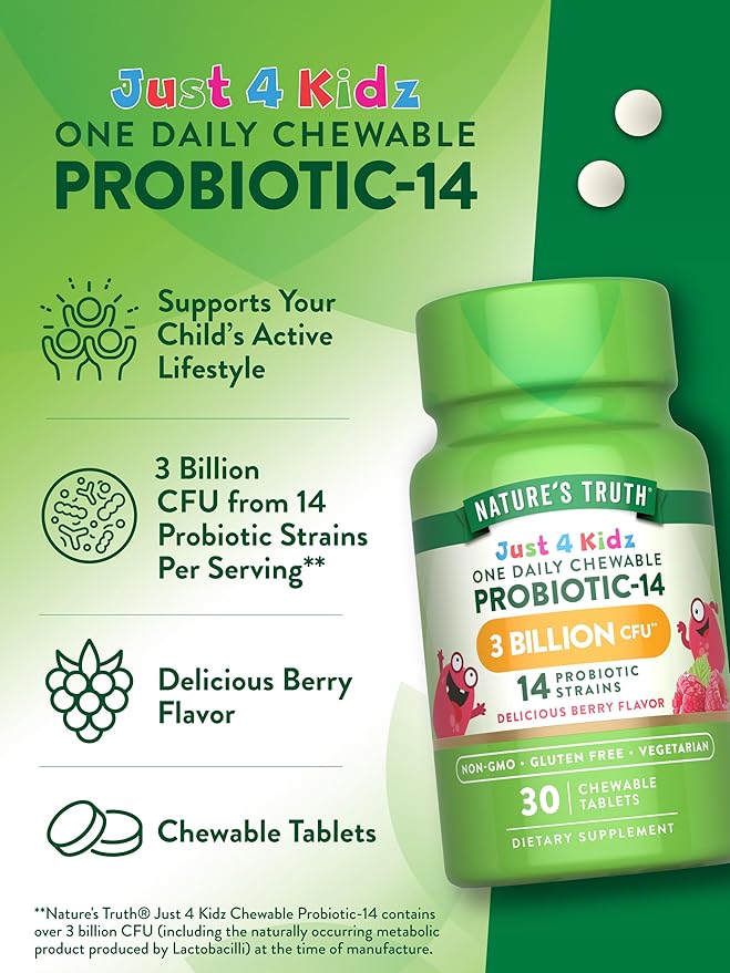 Nature's Truth Probiotics for Kids | 30 Chewable Tablets | 3 Billion CFUs | Berry Flavor | Vegetarian, Non-GMO & Gluten Free Supplement