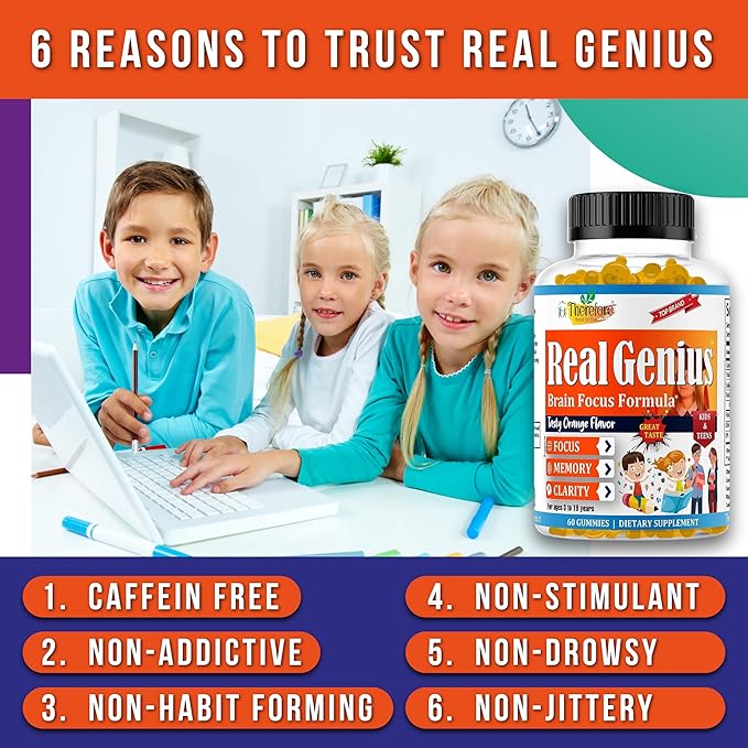 Real Genius Kids Focus Gummies – Brain Booster Supplement with Omega-3 DHA & EPA – Supports Memory, Attention & Focus – Gummy Vitamins for Teens & Children – Low-Sugar, Vegan, 60 Gummies