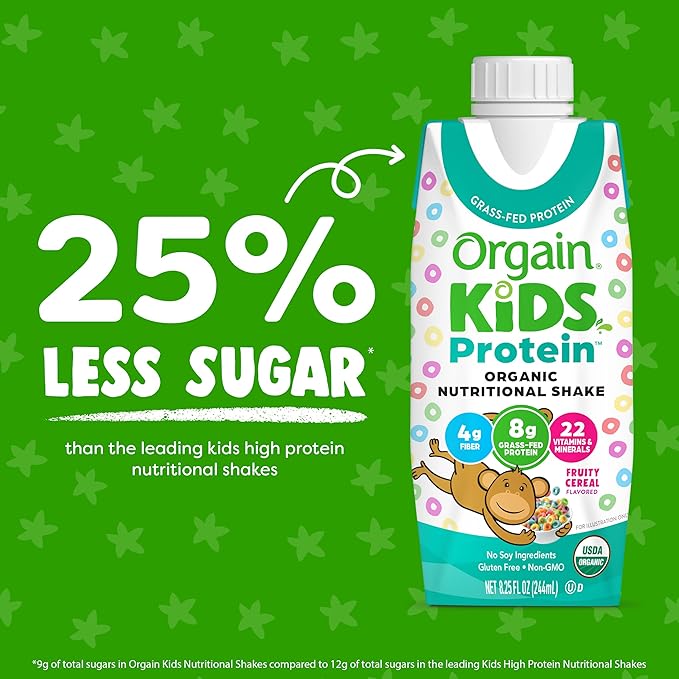 Orgain Organic Kids Nutritional Protein Shake, Fruity Cereal - Kids Snacks with 8g Dairy Protein, 22 Vitamins & Minerals, Fruits & Vegetables, Gluten Free, Soy Free, Non-GMO, 8.25 Fl Oz (Pack of 12)