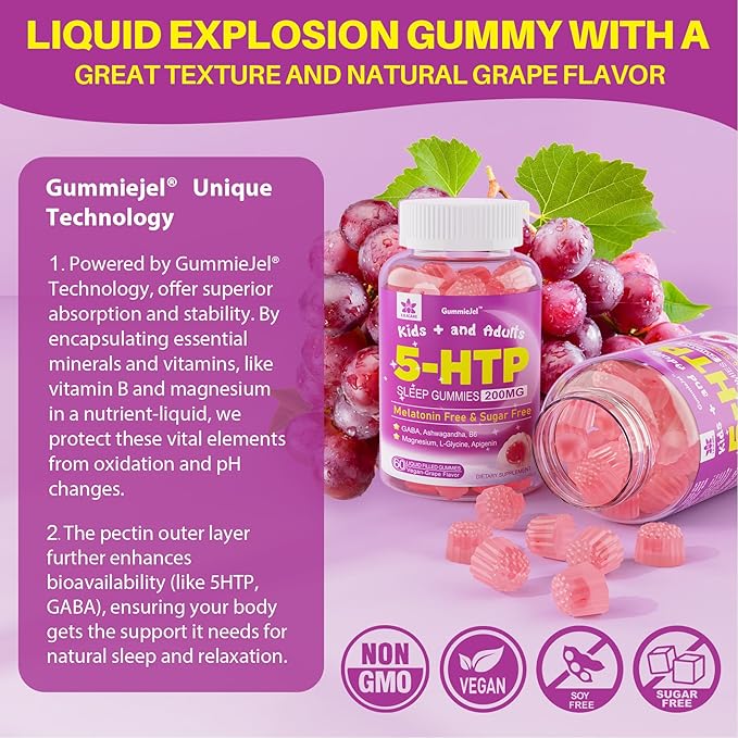 5HTP Gummies for Adults & Kids 8+, Melatonin Free Gummies with Magnesium Glycinate, GABA, L-Glycine, Ashwagandha, Vitamin B6 for Delicious Zzzs, Brain & Muscle Relaxation, 0 Sugar 60 Count (Pack of 1)