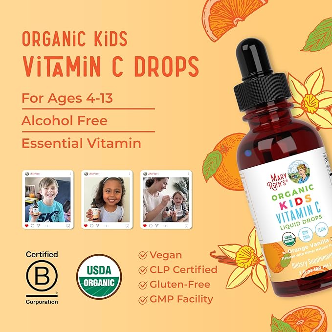 MaryRuth Organics USDA Kids Vitamin C Drops | Vegan Immune Support Supplement for Ages 4-13 | Immune Support & Overall Health | Vitamin C from Organic Acerola Fruit Extract | 2oz