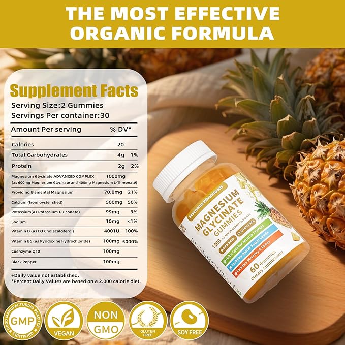 Magnesium Glycinate Gummies 1000mg - Sugar Free Magnesium Potassium Supplement for Relaxation, Calm, Stress Relief, and Sleep Support for Adults & Kids - 60 Pineapple Gummies