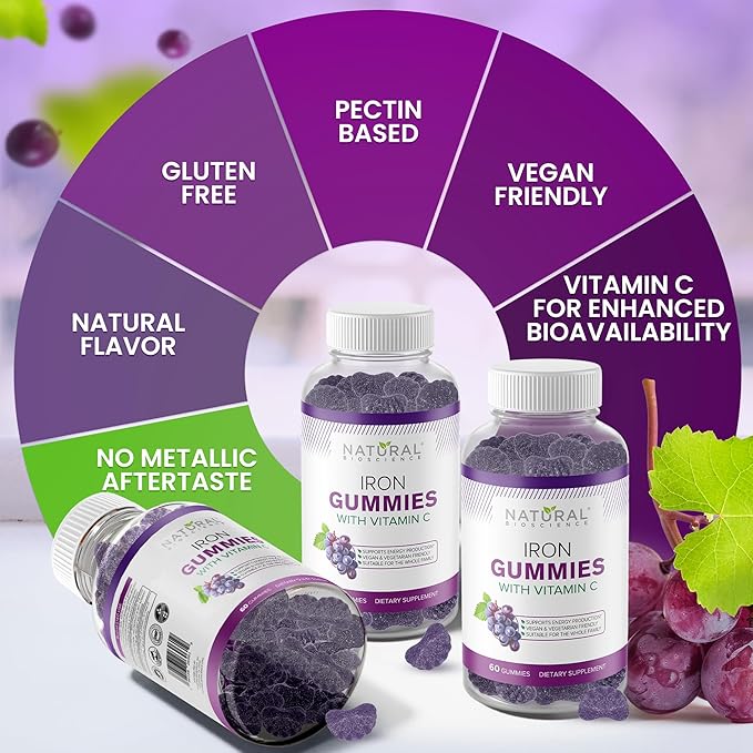 Iron Gummies with Vitamin C - Chewable Iron Supplement for Adults & Kids, Iron Deficiency Anemia, Red Blood Cell Support, Energy, Immune Function, Brain Health, Max Absorption, 60 Vegan Gummies