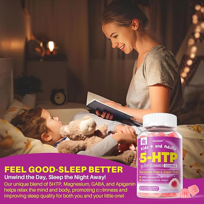5HTP Gummies for Adults & Kids 8+, Melatonin Free Gummies with Magnesium Glycinate, GABA, L-Glycine, Ashwagandha, Vitamin B6 for Delicious Zzzs, Brain & Muscle Relaxation, 0 Sugar 60 Count (Pack of 1)